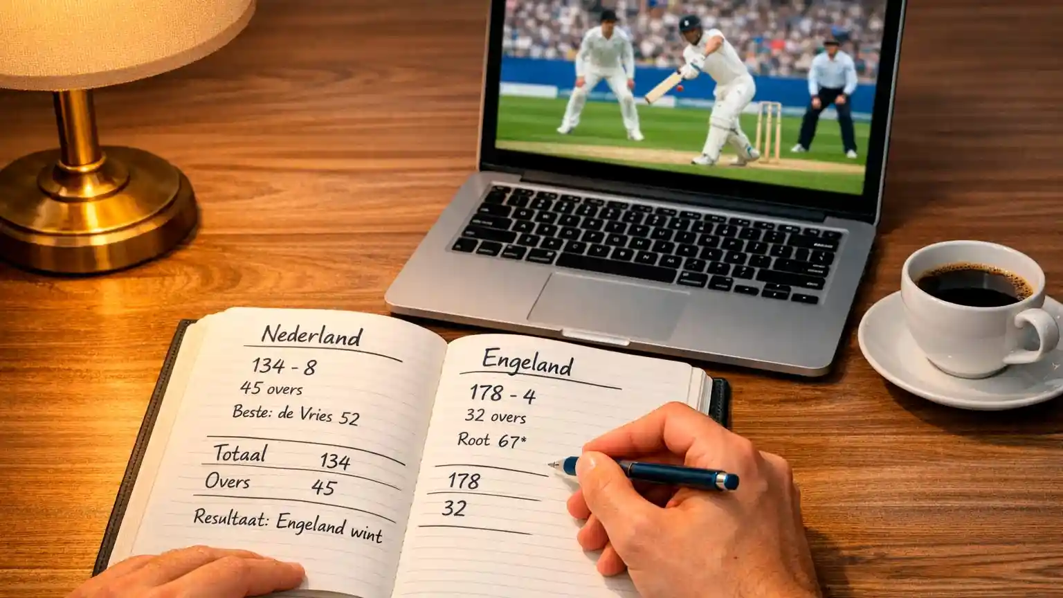 Notitieblok met cricketstatistieken en een pen op een bureau