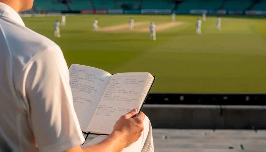 Persoon analyseert cricketstatistieken in een notitieboek naast een cricketveld