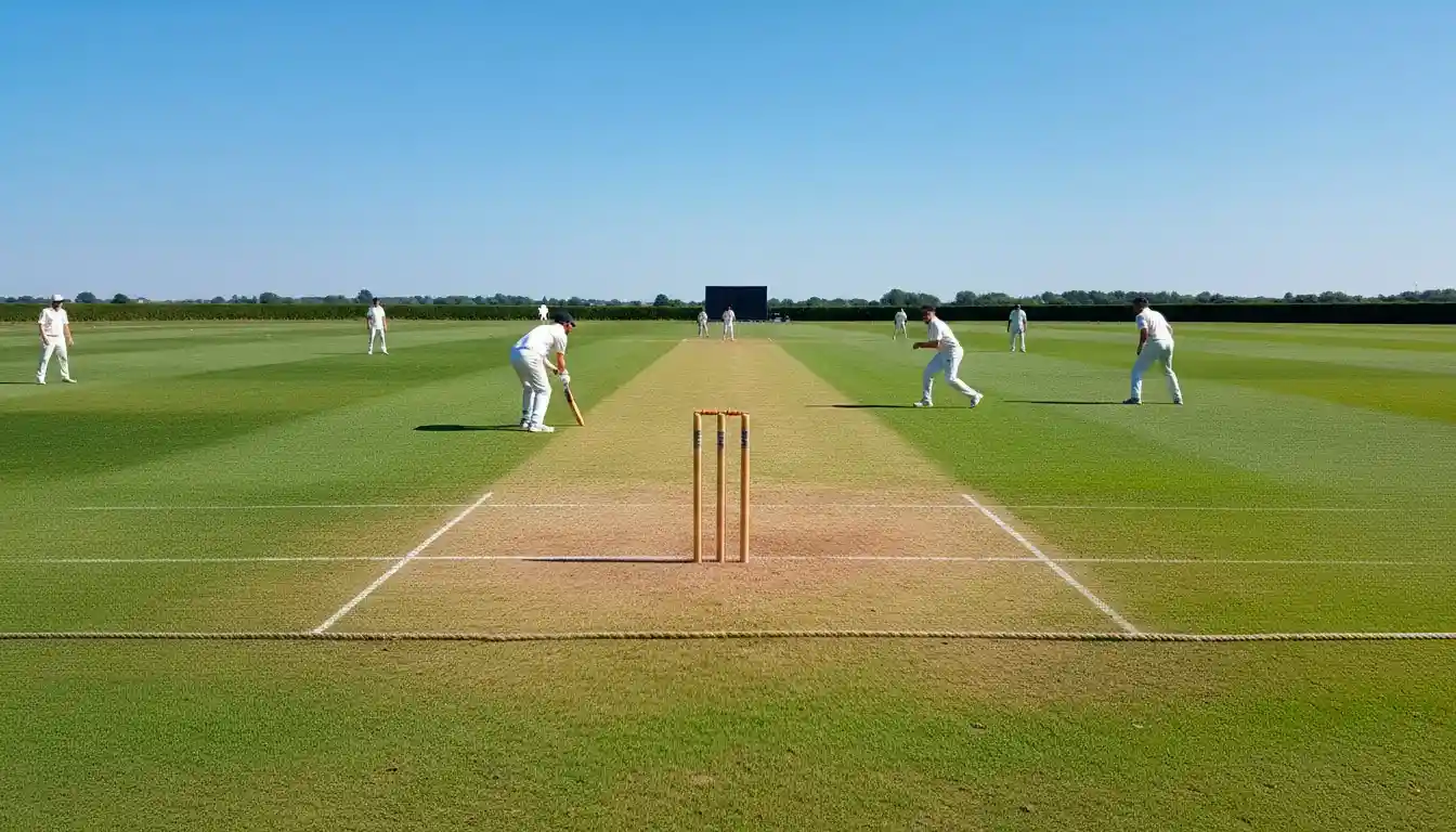 Cricketpitch met wickets op een groen ovaal veld