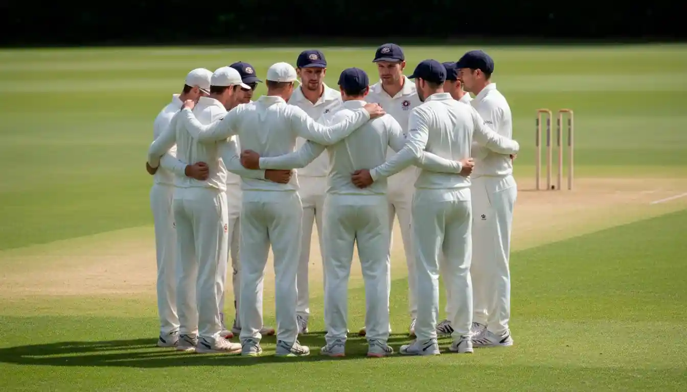 Cricketteam in overleg op het veld tijdens een wedstrijd