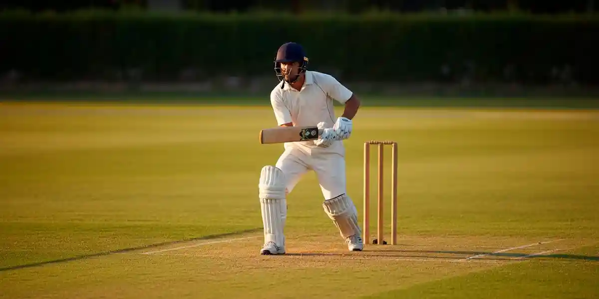 Cricketveld bij zonsondergang met slagman klaar om te slaan