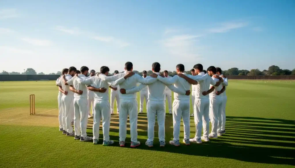 Cricketteam in een huddle op het veld voor aanvang van een belangrijke wedstrijd