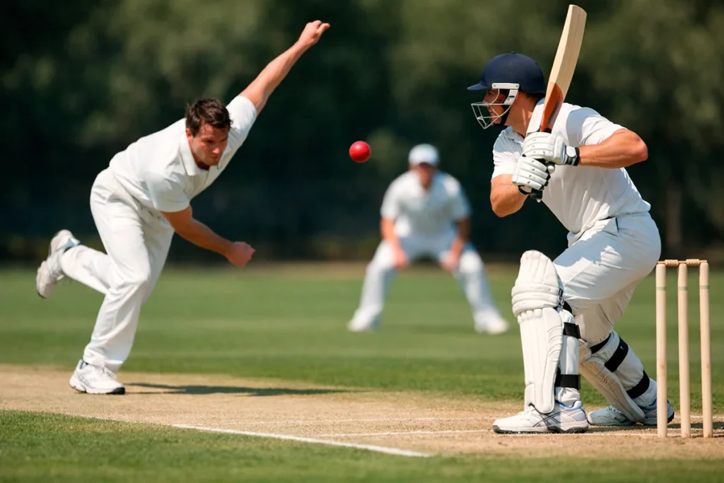 Cricketbowler gooit een bal op een zonnig cricketveld met slagman klaar aan de crease