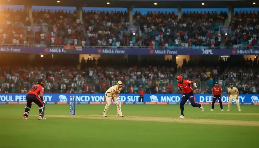 Cricketstadion tijdens een avondwedstrijd van de Indian Premier League met felle stadionverlichting
