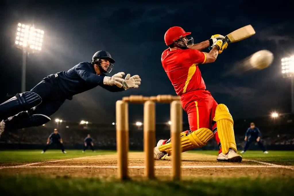 Cricketspelers in actie tijdens een spannend live cricketmoment op het veld bij avondlicht